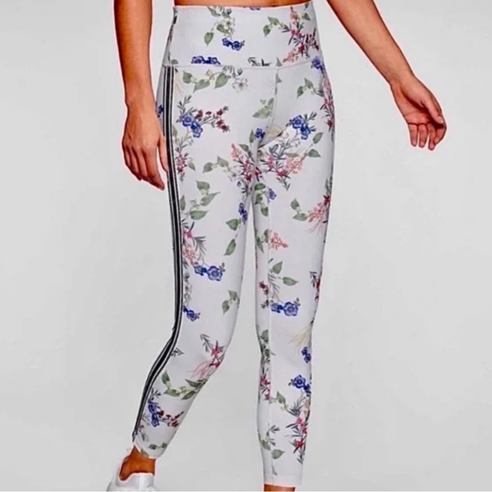 Athleta High-Waist Leggings in White Floral with Side Stripes